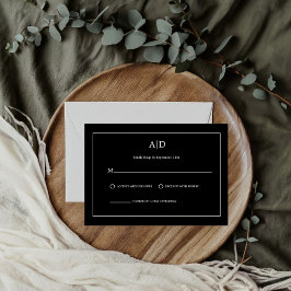 Cartão RSVP Casamento de Monograma Branco e Preto Minimalista 