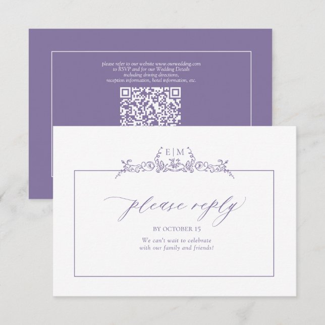 Cartão RSVP Casamento de Monograma de Borda Floral de lavanda (Frente/Verso)