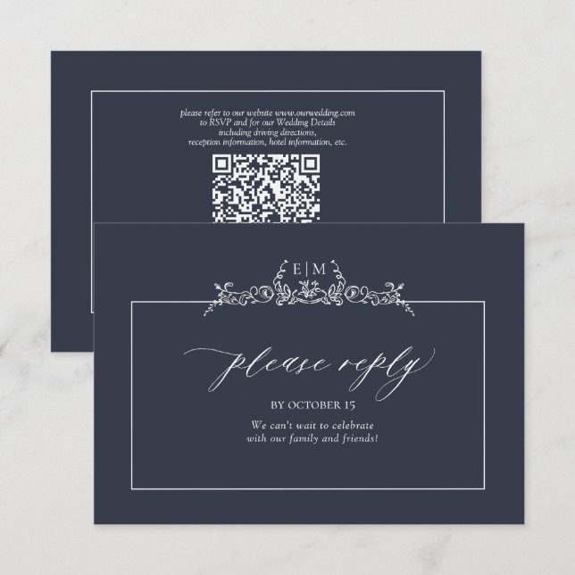 Cartão RSVP Casamento de Monograma de Borda Floral marinho Azu (Frente/Verso)