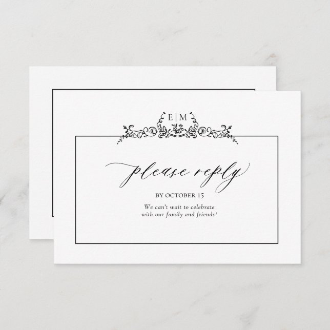 Cartão RSVP Casamento de Monograma de Borda Floral Preta e Bra (Frente/Verso)