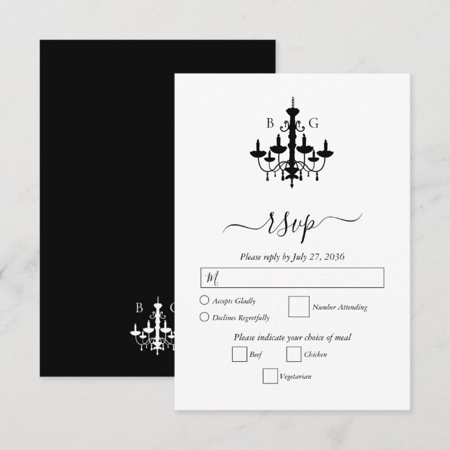 Cartão RSVP Casamento de Monograma de Chandelier Branco Preto  (Frente/Verso)