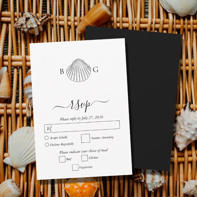 Cartão RSVP Casamento de Monograma de Clam Seashell Minimalist (Minimalist Clam Seashell Monogram Wedding RSVP Card)