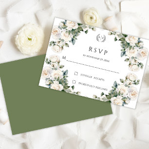 Cartão RSVP Casamento de Monograma de Rosa Branca Garland
