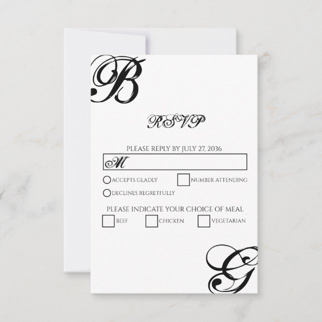 Cartão RSVP Casamento de Monograma de Script Preto e Branco (Frente)