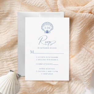 Cartão RSVP Casamento de Monograma de Seashell Azul Costeiro