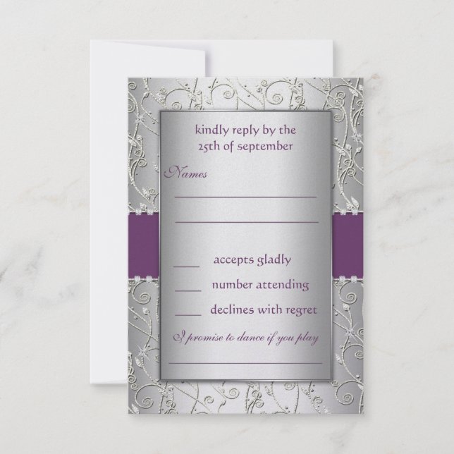 Cartão RSVP Casamento de Monograma Roxo e Prata (Frente)