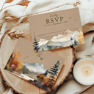 Cartão RSVP Casamento de Montanha de Árvore de Outono de Aquar