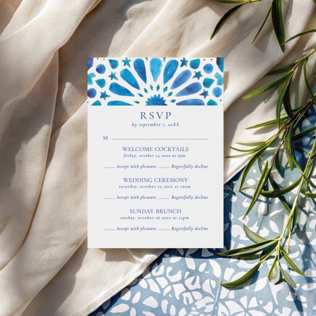 Cartão RSVP Casamento de Multi-Evento com Azulejo Azul marroqu (Criador carregado)
