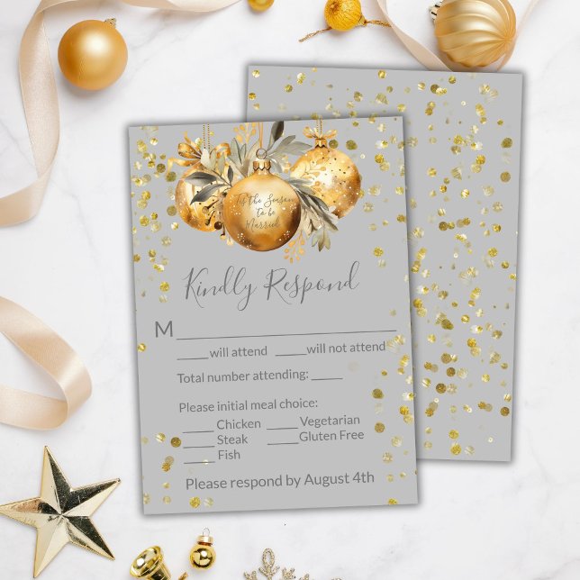 Cartão RSVP Casamento de Natal Cinza Dourado (Criador carregado)