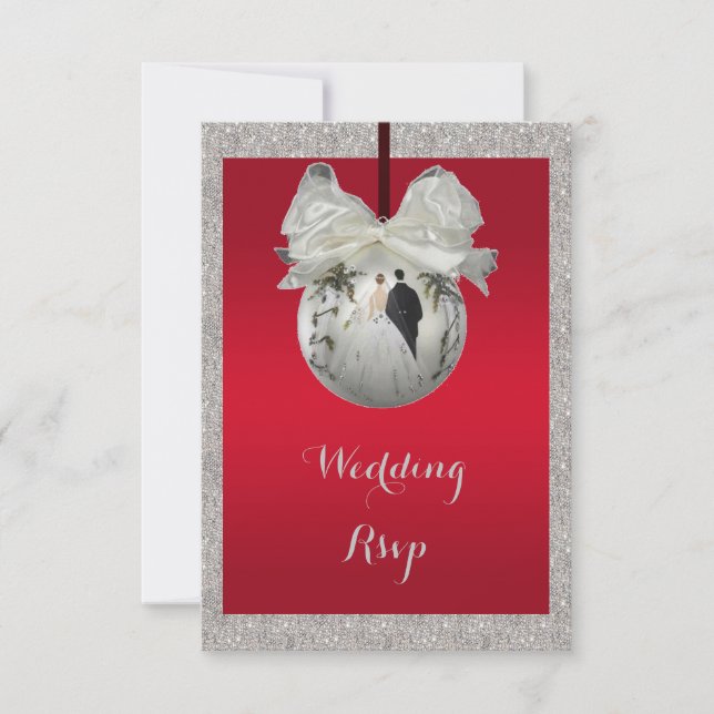 Cartão RSVP Casamento de Natal Classy Ruby Red & Sparkly Baubl (Frente)