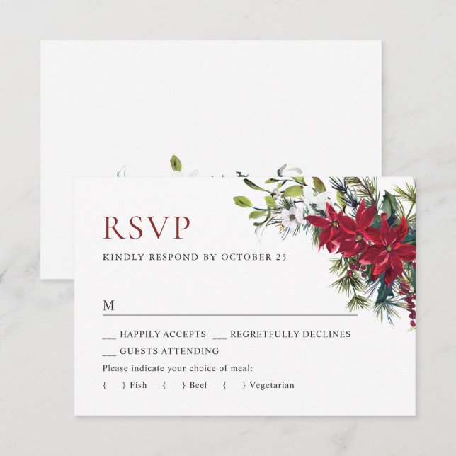 Cartão RSVP Casamento de Natal da Poinsettia Vermelha Elegante (Frente/Verso)