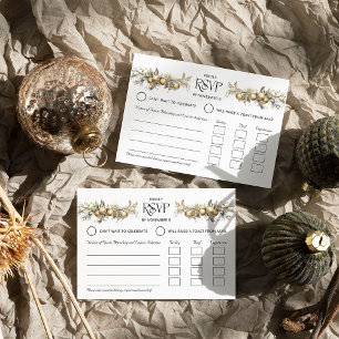 Cartão RSVP Casamento de Natal Entrada de Ouro de Azevinho e E