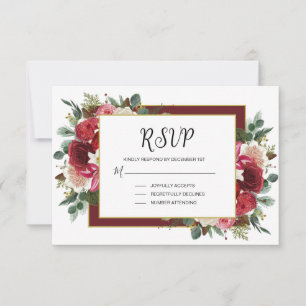 Cartão RSVP Casamento de Natal Floral Rustic Burgundy