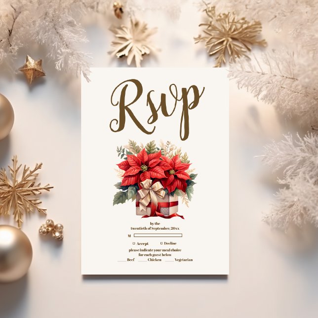 Cartão RSVP Casamento de Natal Floral Rustic Pine Poinsettia (Criador carregado)