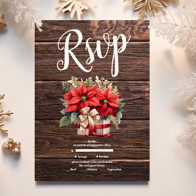 Cartão RSVP Casamento de Natal Floral Rustic Wood Poinsettia (Criador carregado)