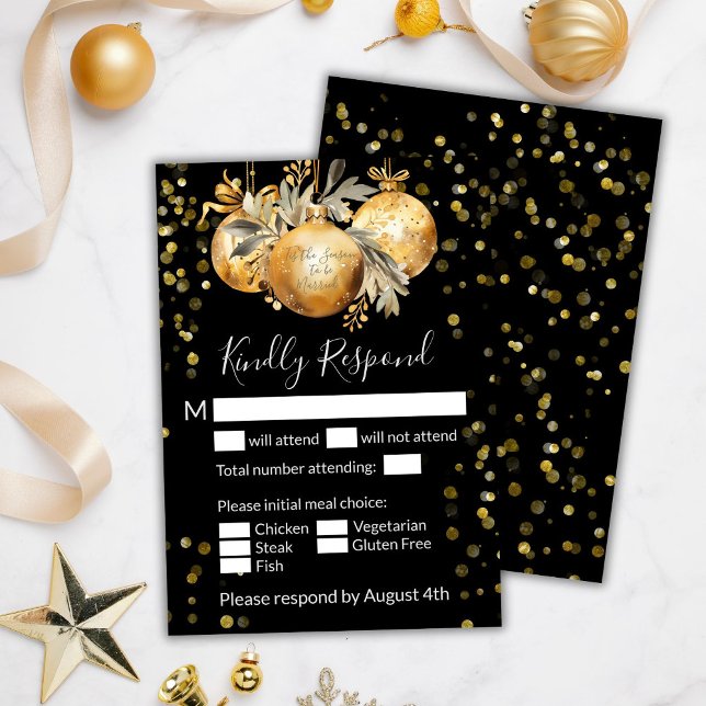 Cartão RSVP Casamento de Natal Preto Dourado (Criador carregado)