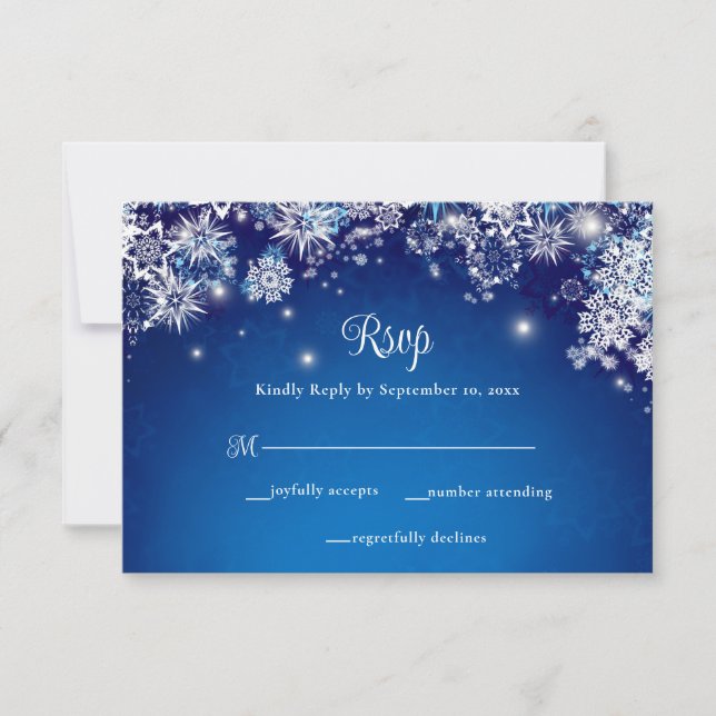 Cartão RSVP Casamento de Neve com Floco de Neve Azul Elegante (Frente)