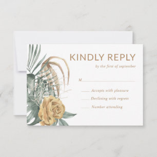Cartão RSVP Casamento de Oásis Tropical de Monstera Palm, Rosa