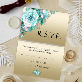 Cartão RSVP Casamento de Ouro Turquoise Rose Bouquet