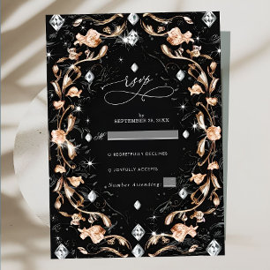 Cartão RSVP Casamento de Ouros Florais Pretos de Luxo