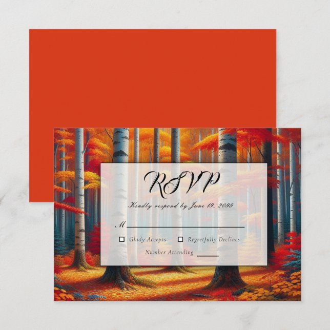 Cartão RSVP Casamento de Outono com Árvore de Bétula Rústica (Frente/Verso)