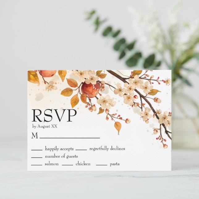 Cartão RSVP Casamento de Outono com Maçãs e Flores (Em pé/Frente)
