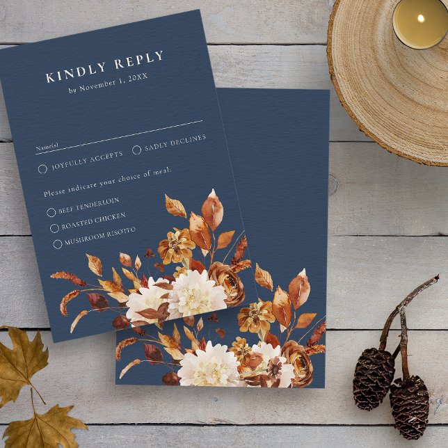 Cartão RSVP Casamento de Outono da Marinha (Watercolor Navy Blue Autumn Wedding RSVP Card by Painted Paperie
)