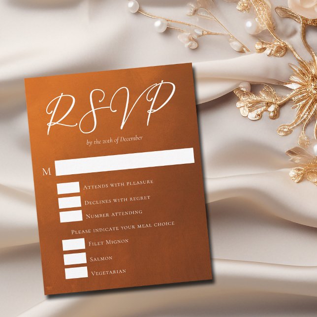 Cartão RSVP Casamento de outono entre Rustic Burnt Orange Meal (Criador carregado)