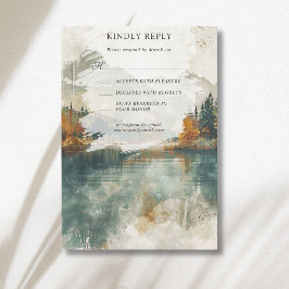 Cartão RSVP Casamento de Outono no Lago da Montanha em Aquarel