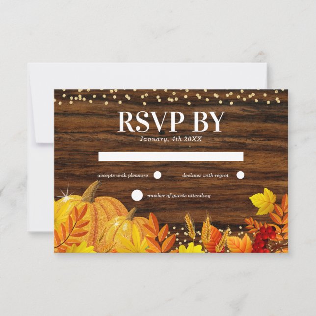 Cartão RSVP Casamento de outono Rustic Glitter Pumpkin (Frente)