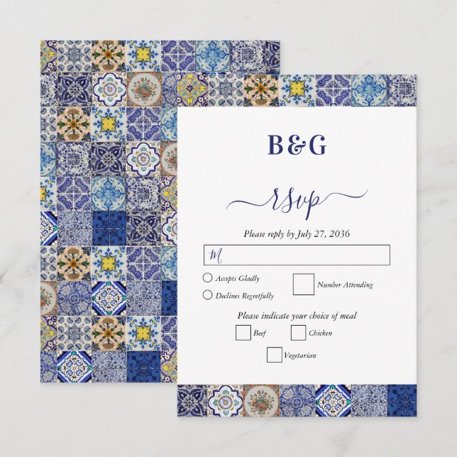 Cartão RSVP Casamento de Padrão de Azulejos Portugueses do Med (Frente/Verso)