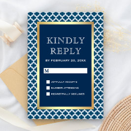 Cartão RSVP Casamento de Padrão de Quatrefoil Azul-marroquino