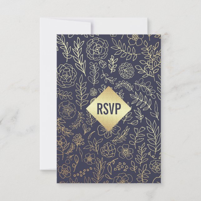 Cartão RSVP Casamento de Padrão Floral Dourado marinho Azul (Frente)