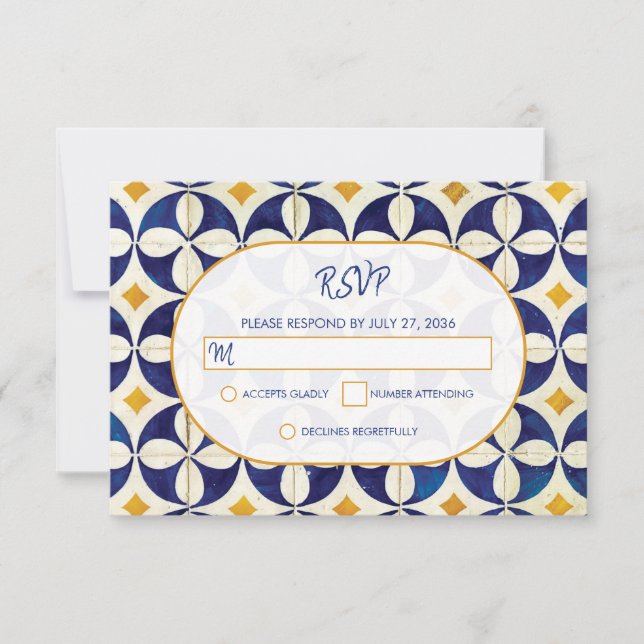 Cartão RSVP Casamento de Padrão Português Azul e Amarelo (Frente)