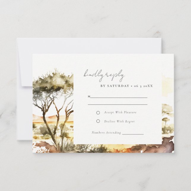 Cartão RSVP Casamento de Paisagem Africana com Muted Earth Wat (Frente)
