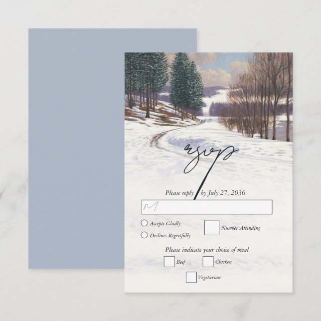 Cartão RSVP Casamento de Paisagem de Inverno de Aquarela (Frente/Verso)