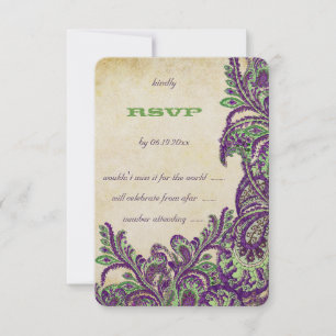 Cartão RSVP Casamento de Paisley com Púrpura e Vintage Verde