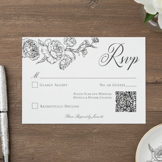 Cartão RSVP Casamento de Pássaro e Crest Negro Elegante (Criador carregado)