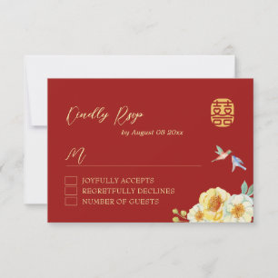 Cartão RSVP Casamento de pássaro floral vermelho chinês