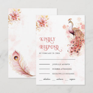 Cartão RSVP Casamento de Pavão Indiano Floral Rosa Pastel Dour
