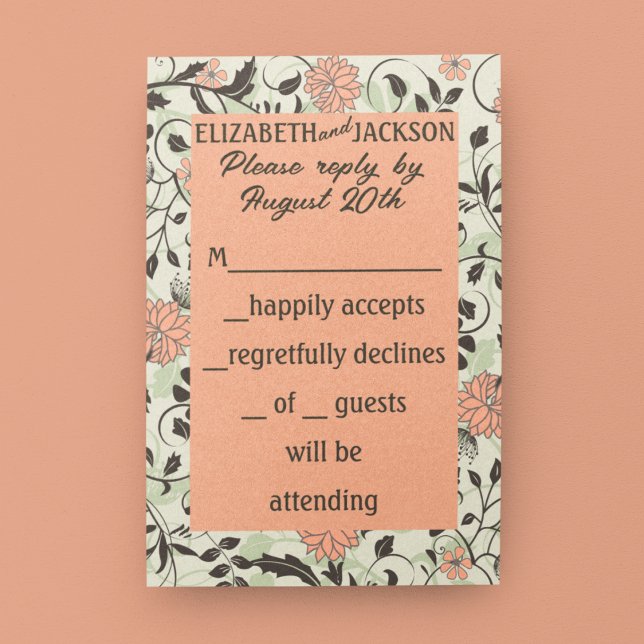 Cartão RSVP Casamento de Peach, Green e Brown Chintz (Criador carregado)