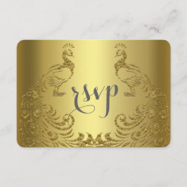 Cartão RSVP Casamento de Peacock, Abstrato Dourado Real
