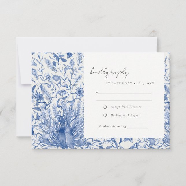 Cartão RSVP Casamento de Peacock Floral Floral Ornamentado Azu (Frente)