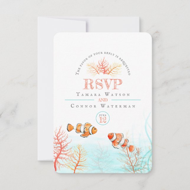 Cartão RSVP Casamento de peixes tropicais de coral aquática (Frente)