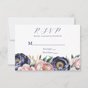 Cartão RSVP Casamento de Penas Azuis-Blush e Marinho