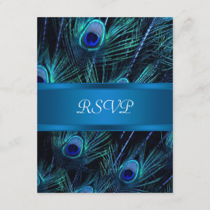 Cartão RSVP Casamento de penas de pavão roxo azul real