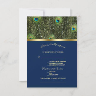 Cartão RSVP Casamento de Penas Douradas de Pavão Azul de Marin