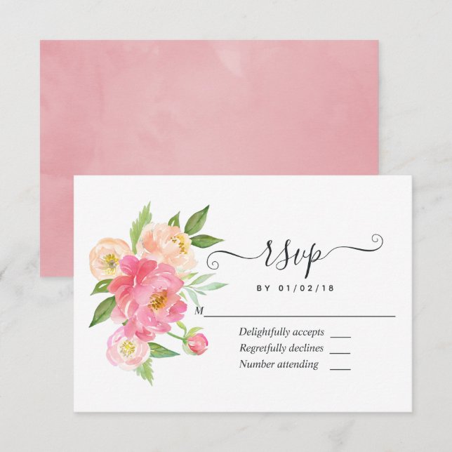 Cartão RSVP Casamento de Peões de Aquarela Primavera a Pastel (Frente/Verso)