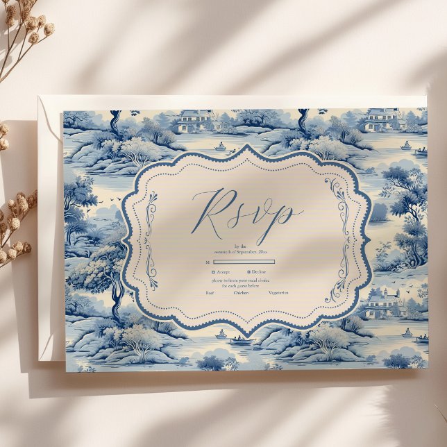 Cartão RSVP Casamento de Peônias Botânicas de Porcelana Azul C (Criador carregado)