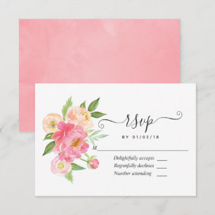 Cartão RSVP Casamento de Peônias com Aguarela Rosa Pastel na P